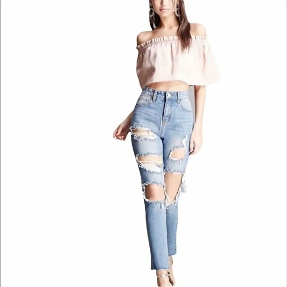 Momokrom High Waisted Straight‎ Leg Mom Super Distressed Raw Hem Jean Size 6 - Picture 4 of 13